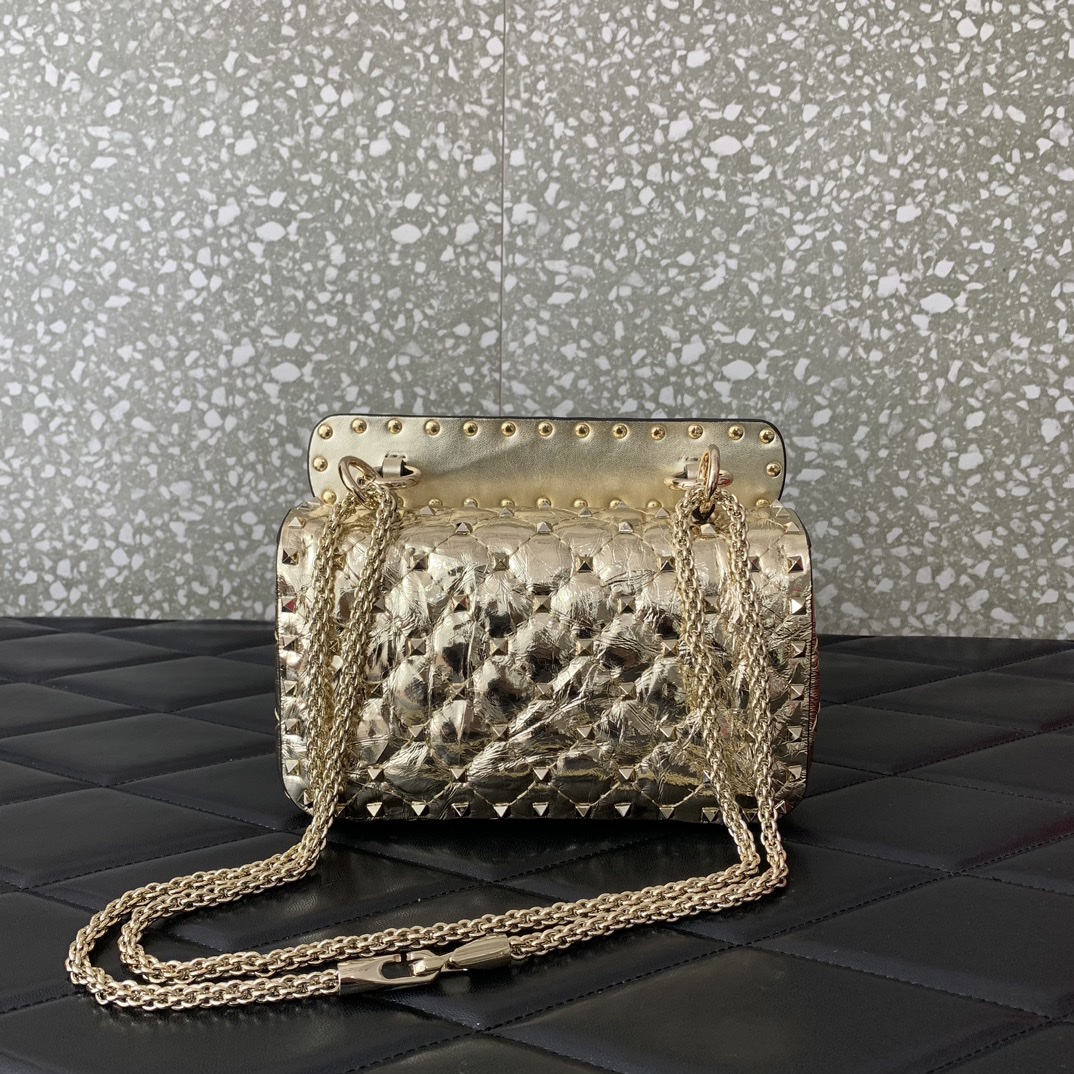 高仿原單VALENTINO華倫天奴包包 ROCKSTUD SPIKE小號軟牛革手袋 金色