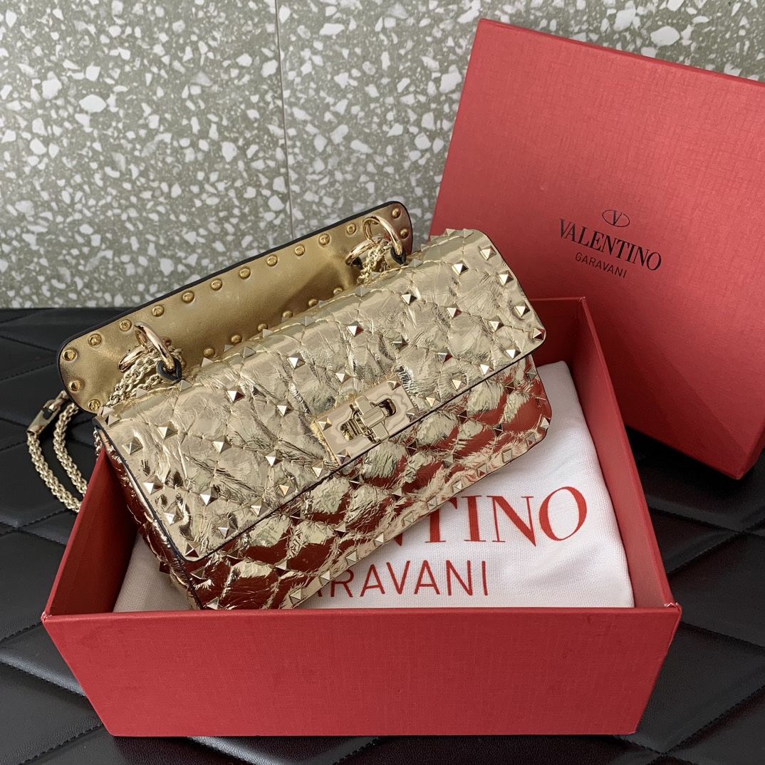 高仿原單VALENTINO華倫天奴包包 ROCKSTUD SPIKE小號軟牛革手袋 金色