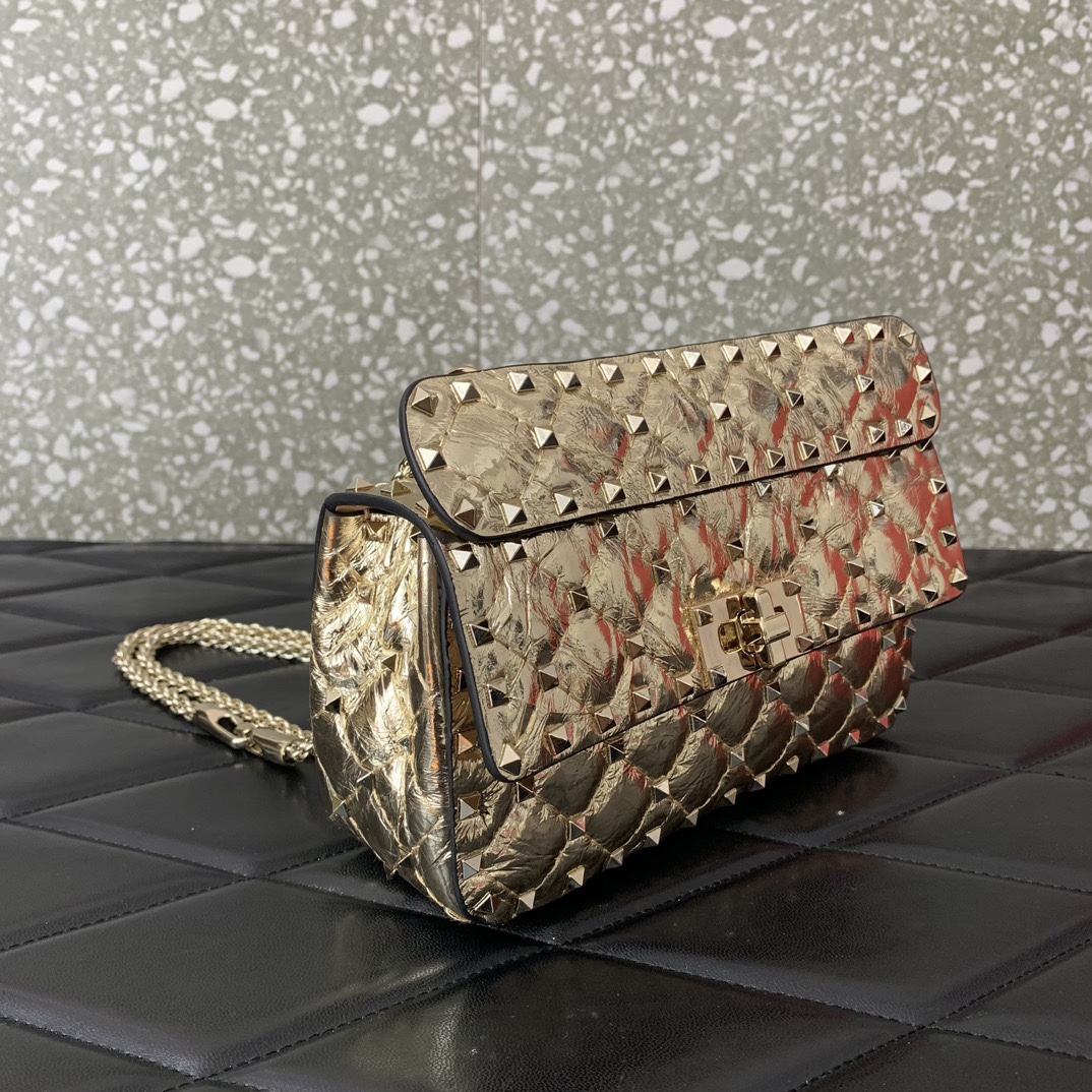 高仿原單VALENTINO華倫天奴包包 ROCKSTUD SPIKE小號軟牛革手袋 金色