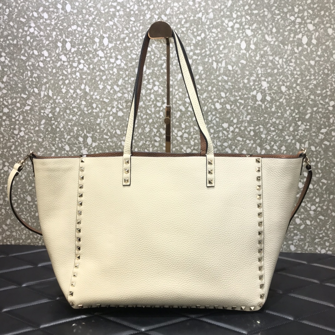 1比1原單VALENTINO華倫天奴包包 ROCKSTUD TOTE BAG雙面購物包 米黃-棕色