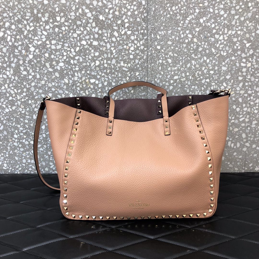 1比1原單VALENTINO華倫天奴包包 ROCKSTUD TOTE BAG雙面購物包 杏色-棕色
