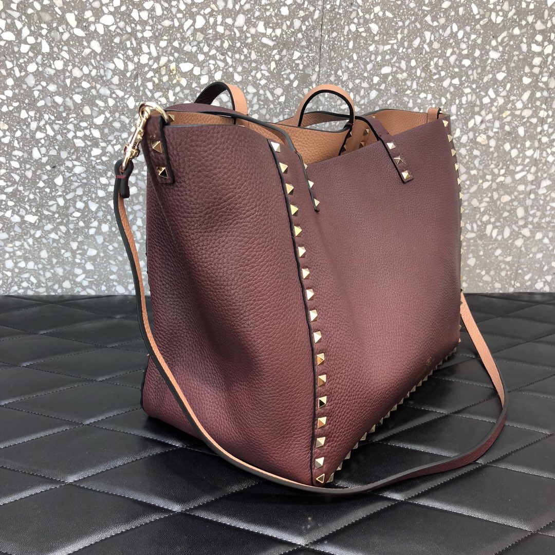 1比1原單VALENTINO華倫天奴包包 ROCKSTUD TOTE BAG雙面購物包 杏色-棕色