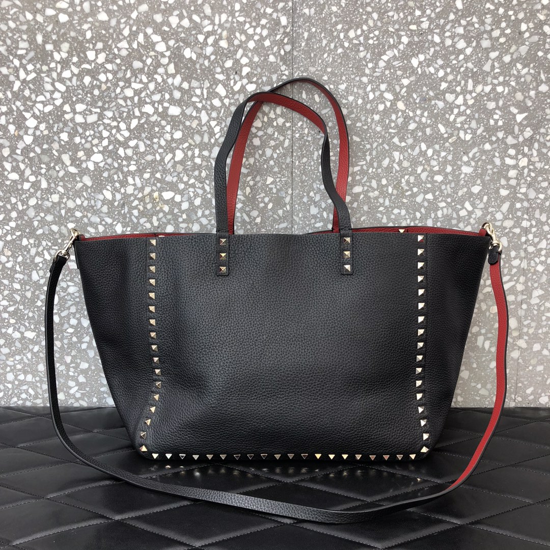 1比1原單VALENTINO華倫天奴包包 ROCKSTUD TOTE BAG雙面購物包 黑-紅