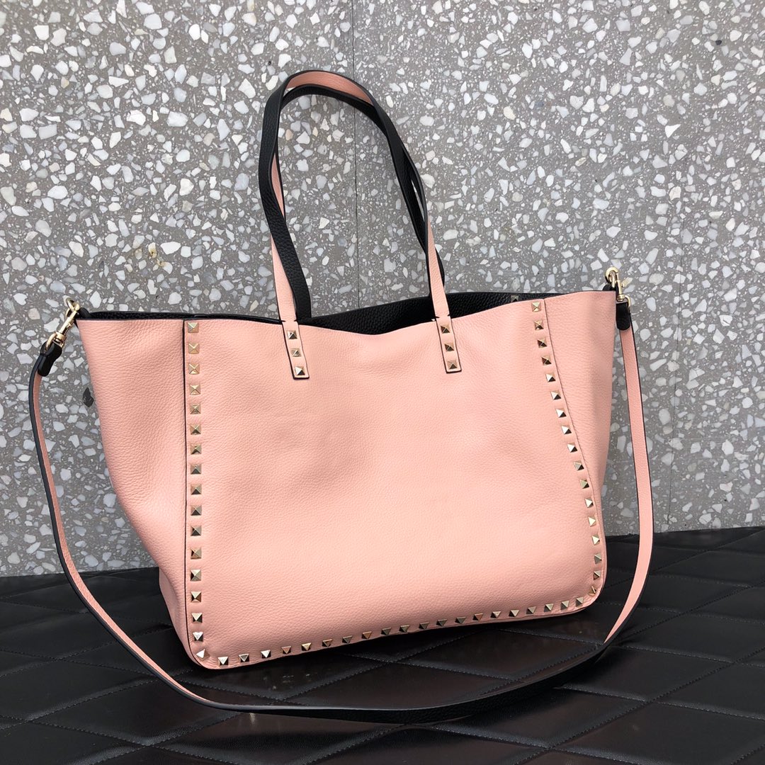 1比1原單VALENTINO華倫天奴包包 ROCKSTUD TOTE BAG雙面購物包 黑-粉