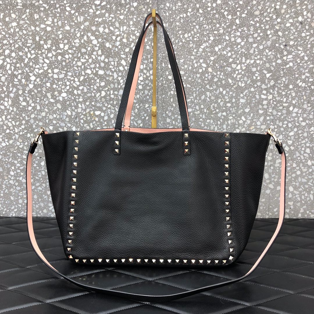 1比1原單VALENTINO華倫天奴包包 ROCKSTUD TOTE BAG雙面購物包 黑-粉
