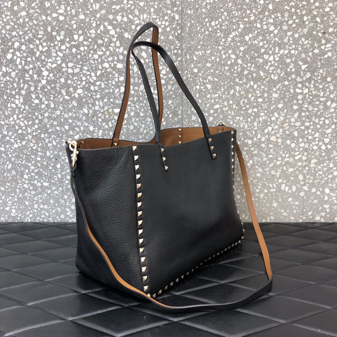 1比1原單VALENTINO華倫天奴包包 ROCKSTUD TOTE BAG雙面購物包 黑-棕