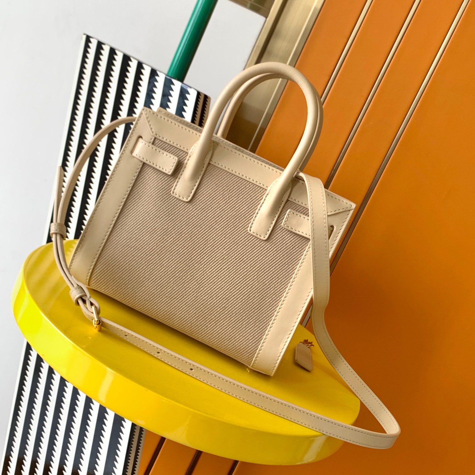 原單YSL聖羅蘭包包 sac de jour牛皮+啞麻布手挽袋 風琴包22cm