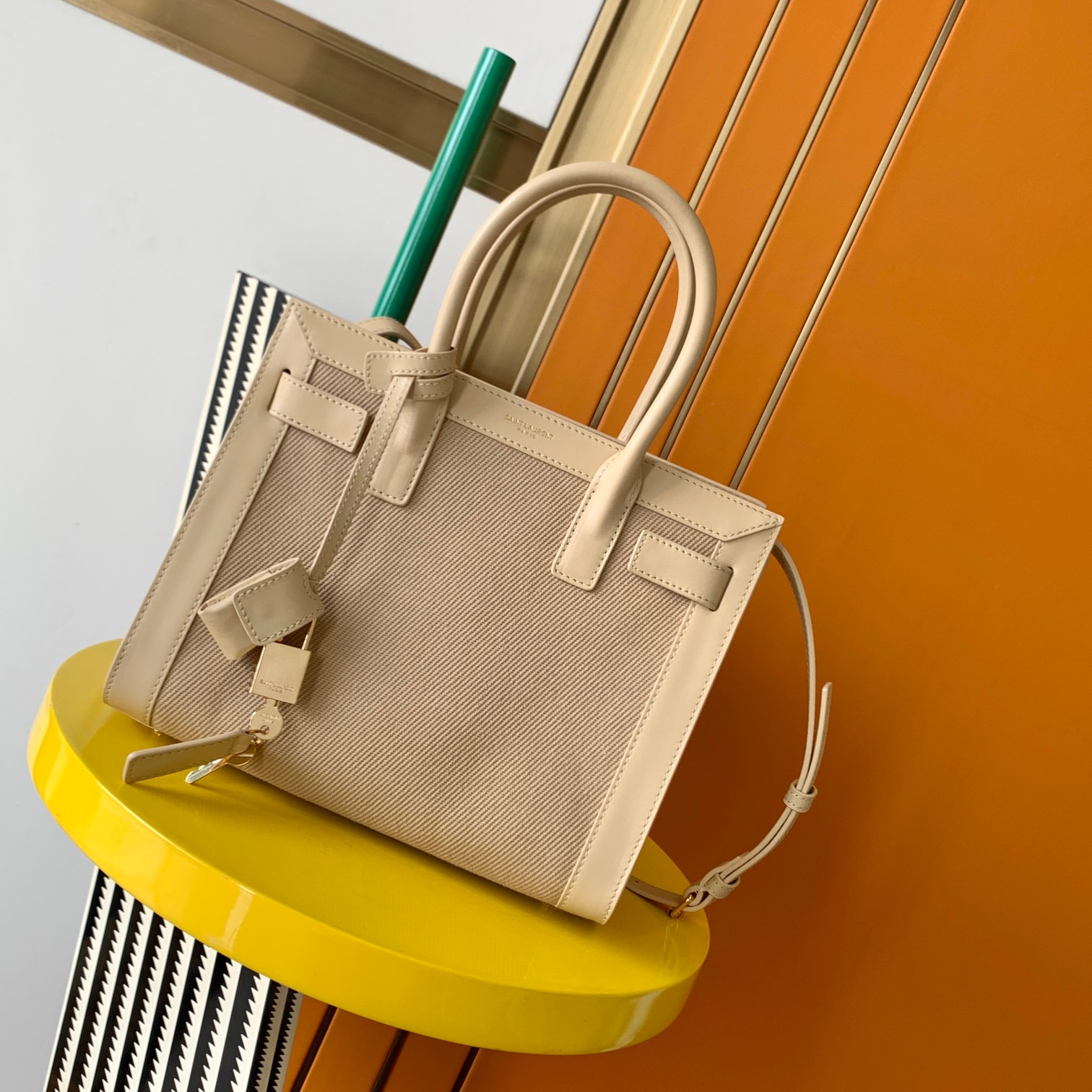 原單YSL聖羅蘭包包 sac de jour牛皮+啞麻布手挽袋 風琴包26cm