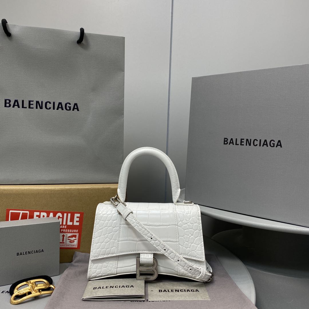 原單balenciaga巴黎世家 HOURGLASS 加小號鱷魚紋壓紋手提包沙漏包 白色銀扣