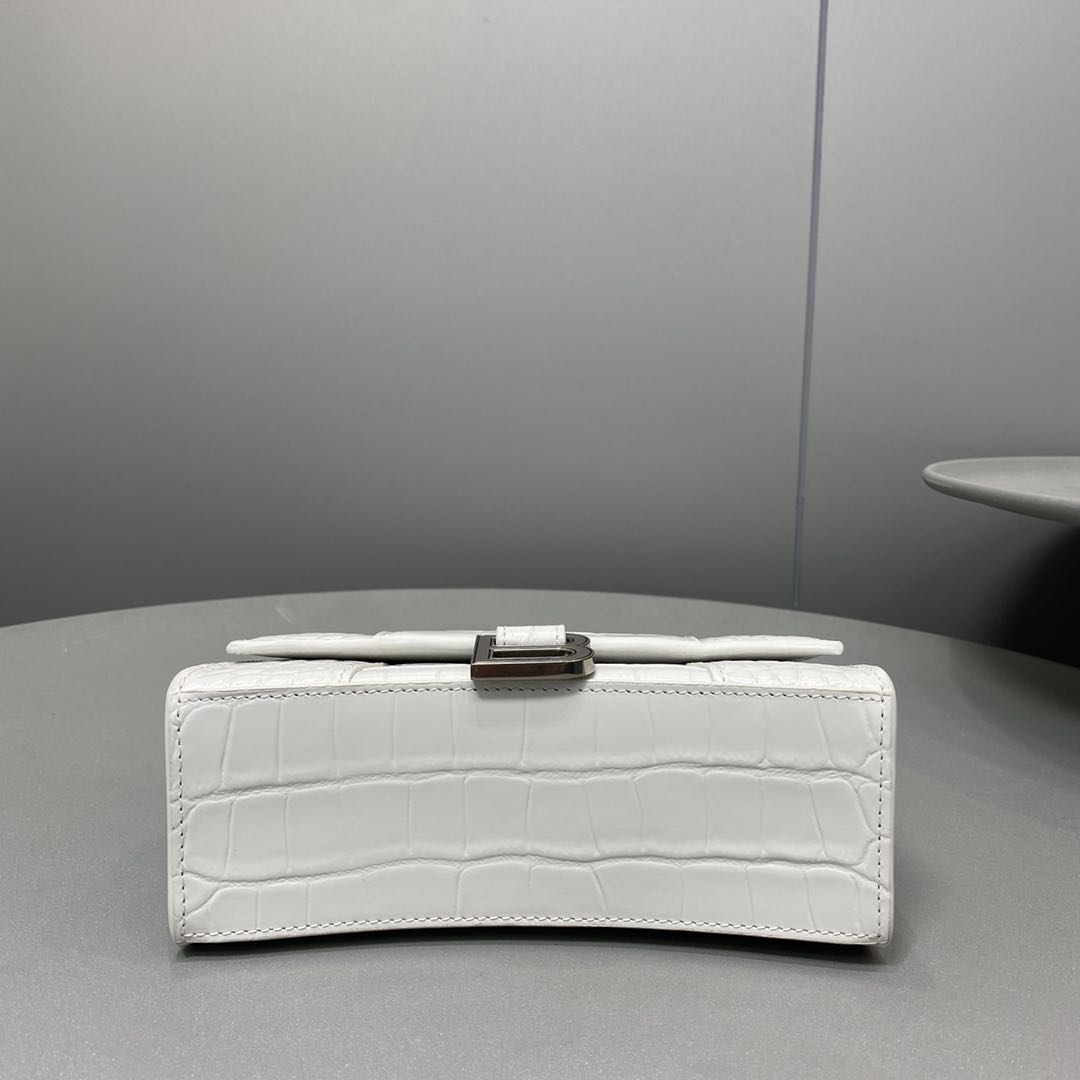 原單balenciaga巴黎世家 HOURGLASS 加小號鱷魚紋壓紋手提包沙漏包 白色銀扣