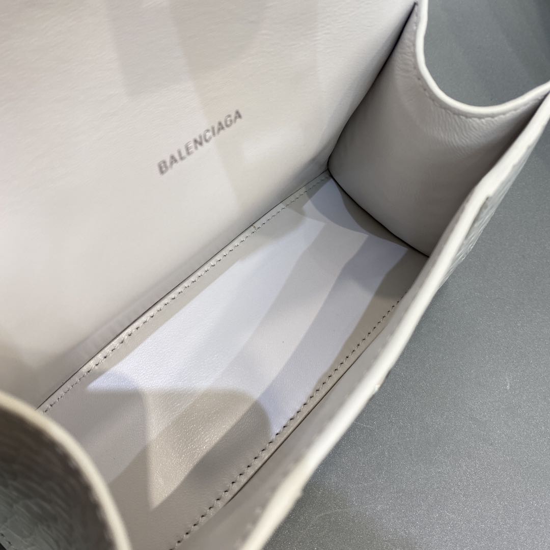 原單balenciaga巴黎世家 HOURGLASS 加小號鱷魚紋壓紋手提包沙漏包 白色銀扣