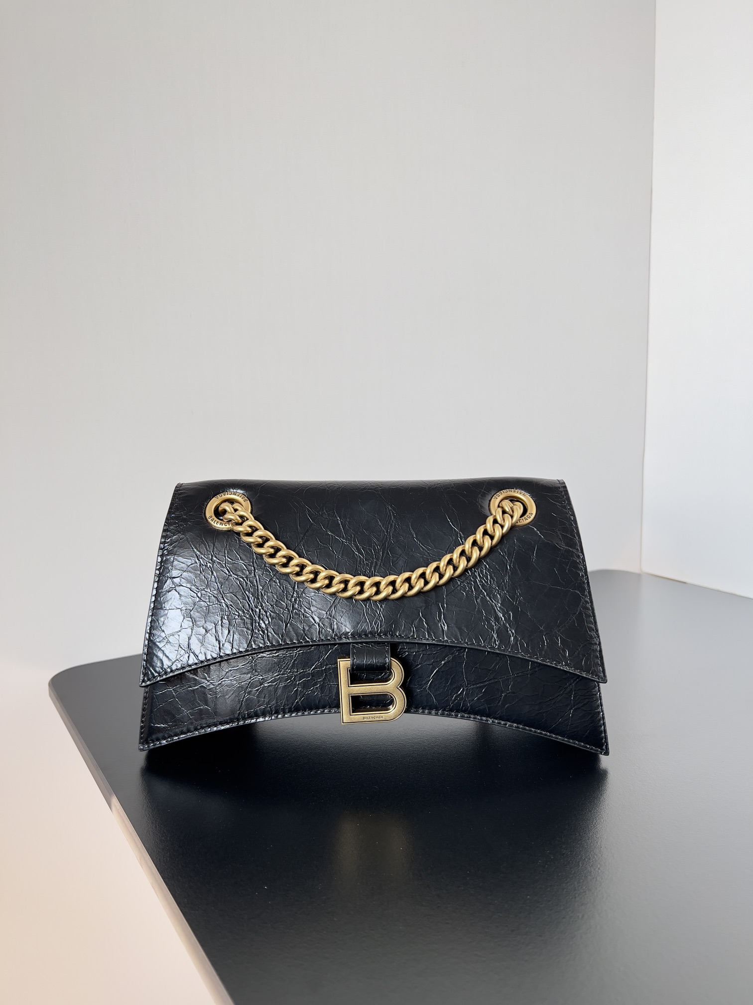 原單複刻balenciaga巴黎世家 CRUSH小號黑色壓光牛皮革鏈帶包