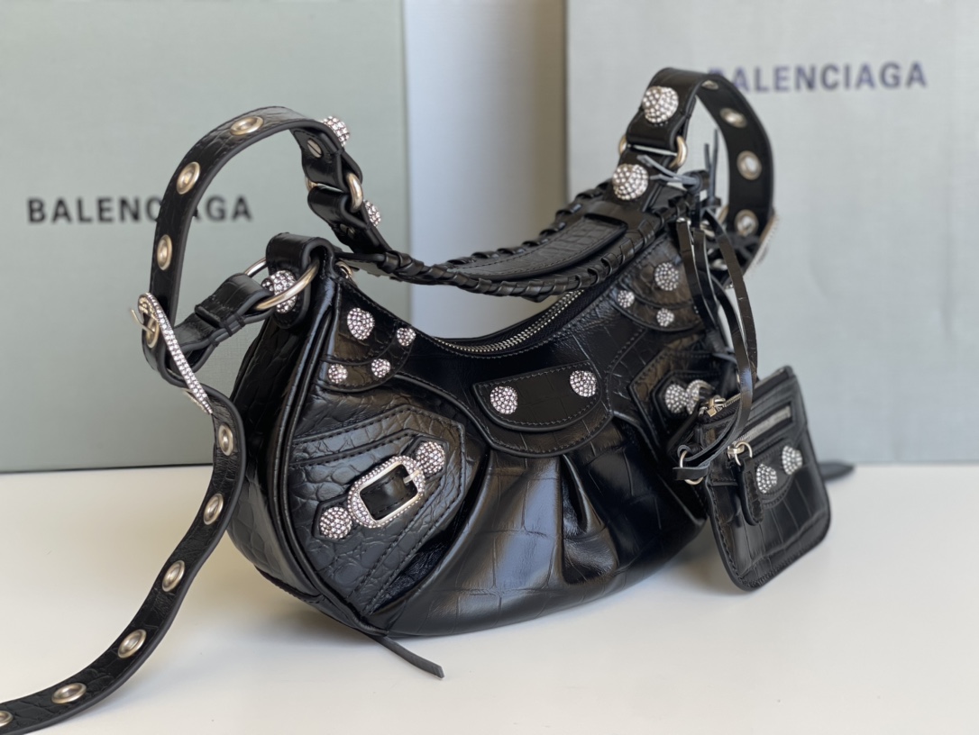 原單1比1 BALENCIAGA巴黎世家 LE CAGOLE 加小號鱷魚紋壓紋鑲萊茵石單肩包