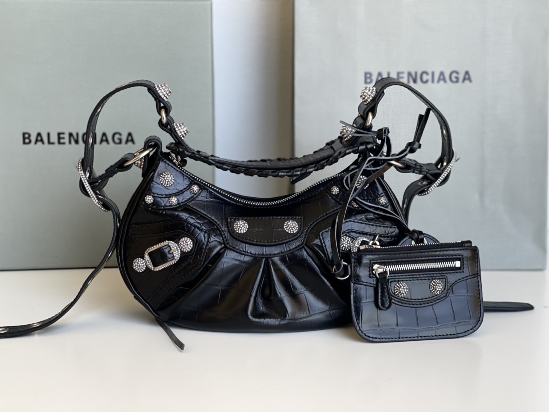 原單1比1 BALENCIAGA巴黎世家 LE CAGOLE 加小號鱷魚紋壓紋鑲萊茵石單肩包