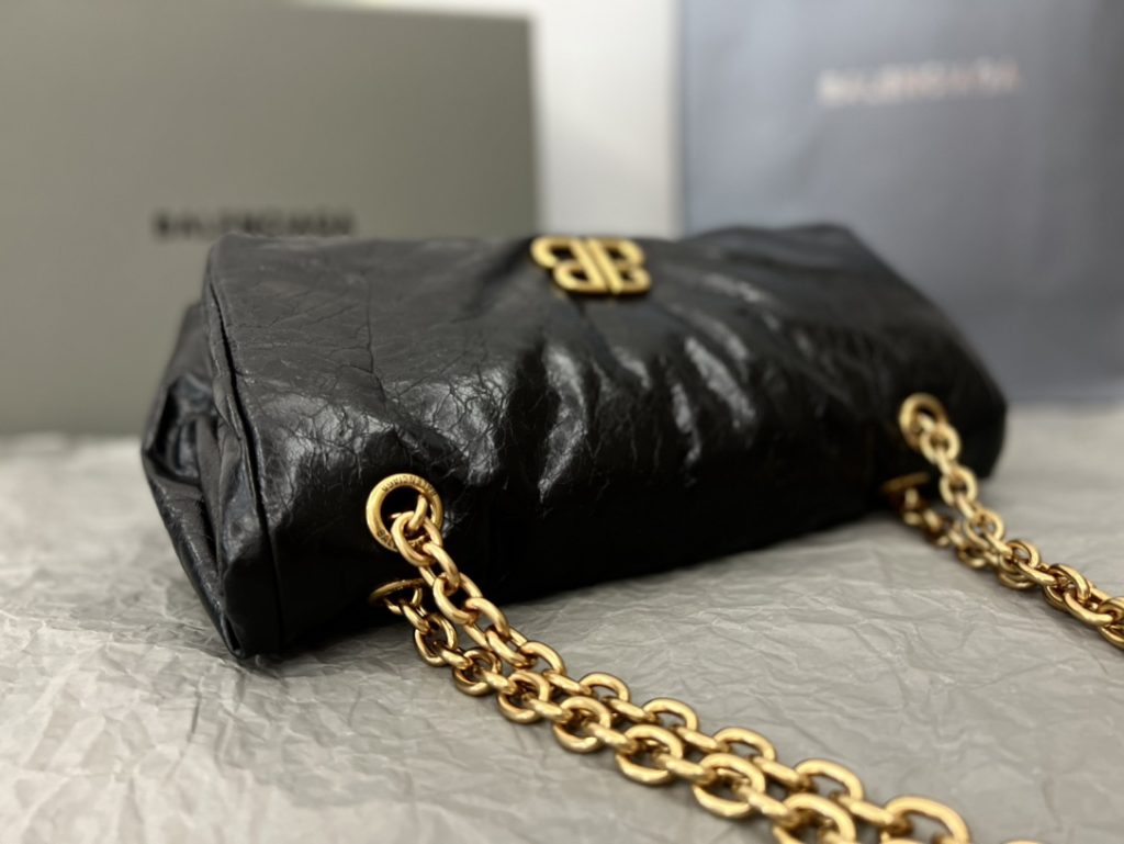 複刻BALENCIAGA巴黎世家 Monaco細紋牛皮革鏈帶包 小號油蠟黑金