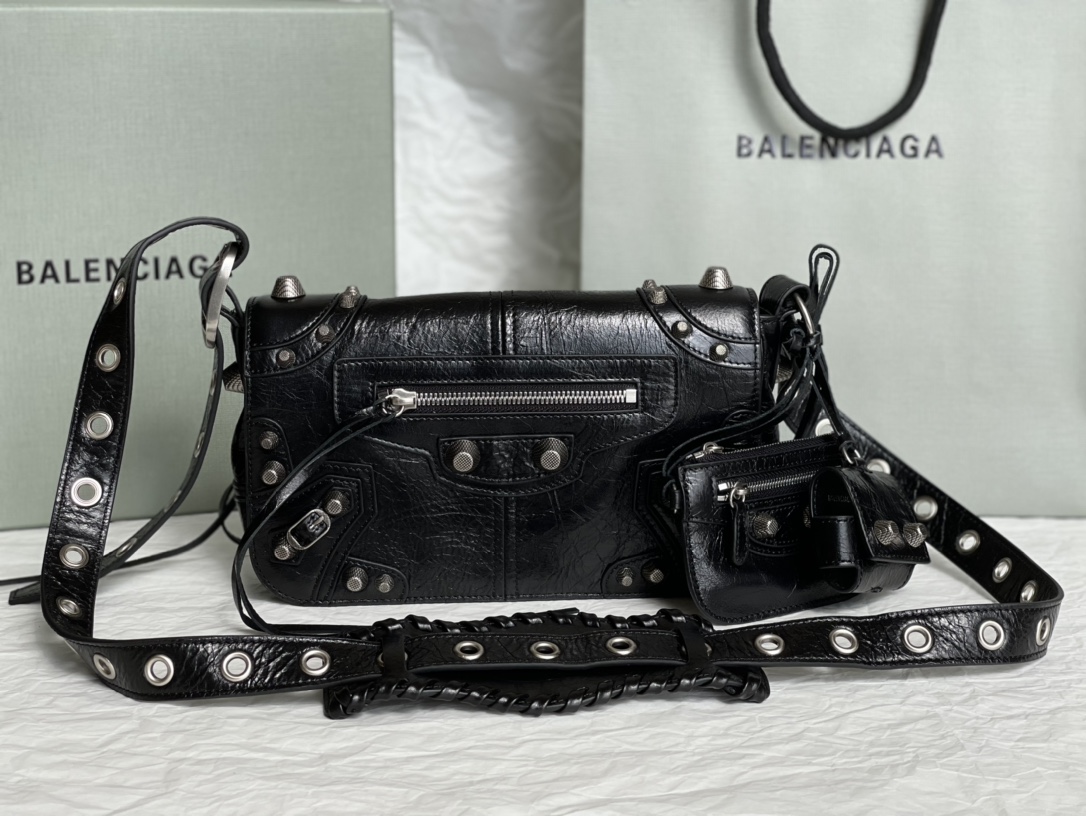 専櫃複刻BALENCIAGA巴黎世家 Le Cagole黑色細紋牛皮革小號單肩包