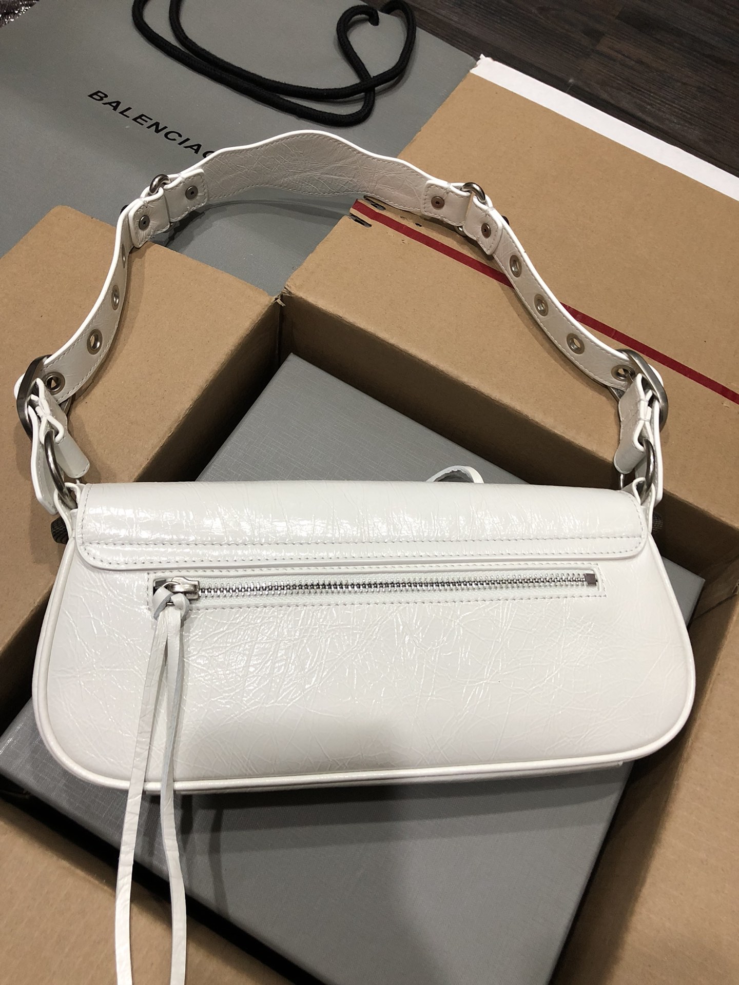 専櫃複刻BALENCIAGA巴黎世家 Le Cagole白色細紋牛皮革大號單肩包 