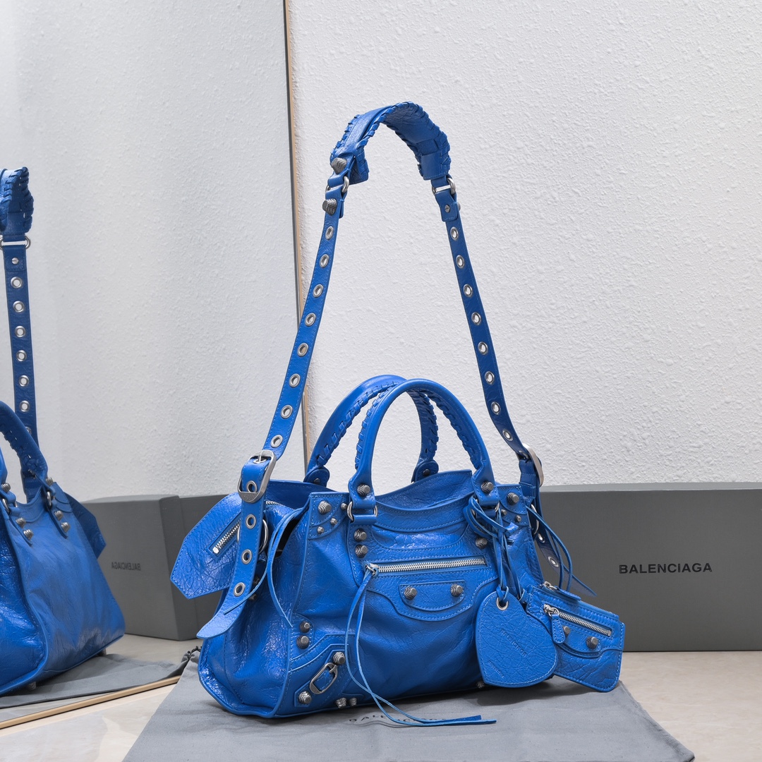 原單高仿BALENCIAGA巴黎世家 Neo Cagole 細紋牛皮革手提包 中號藍色