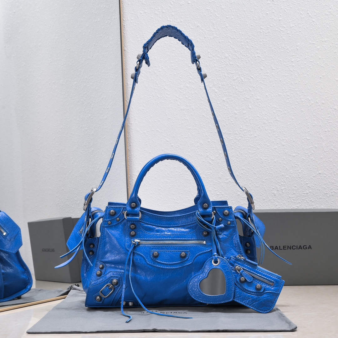 原單高仿BALENCIAGA巴黎世家 Neo Cagole 細紋牛皮革手提包 中號藍色