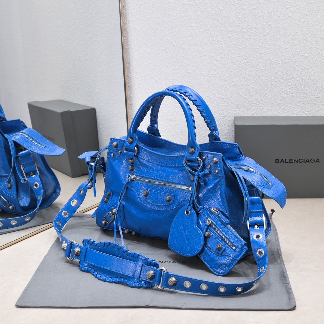 原單高仿BALENCIAGA巴黎世家 Neo Cagole 細紋牛皮革手提包 中號藍色