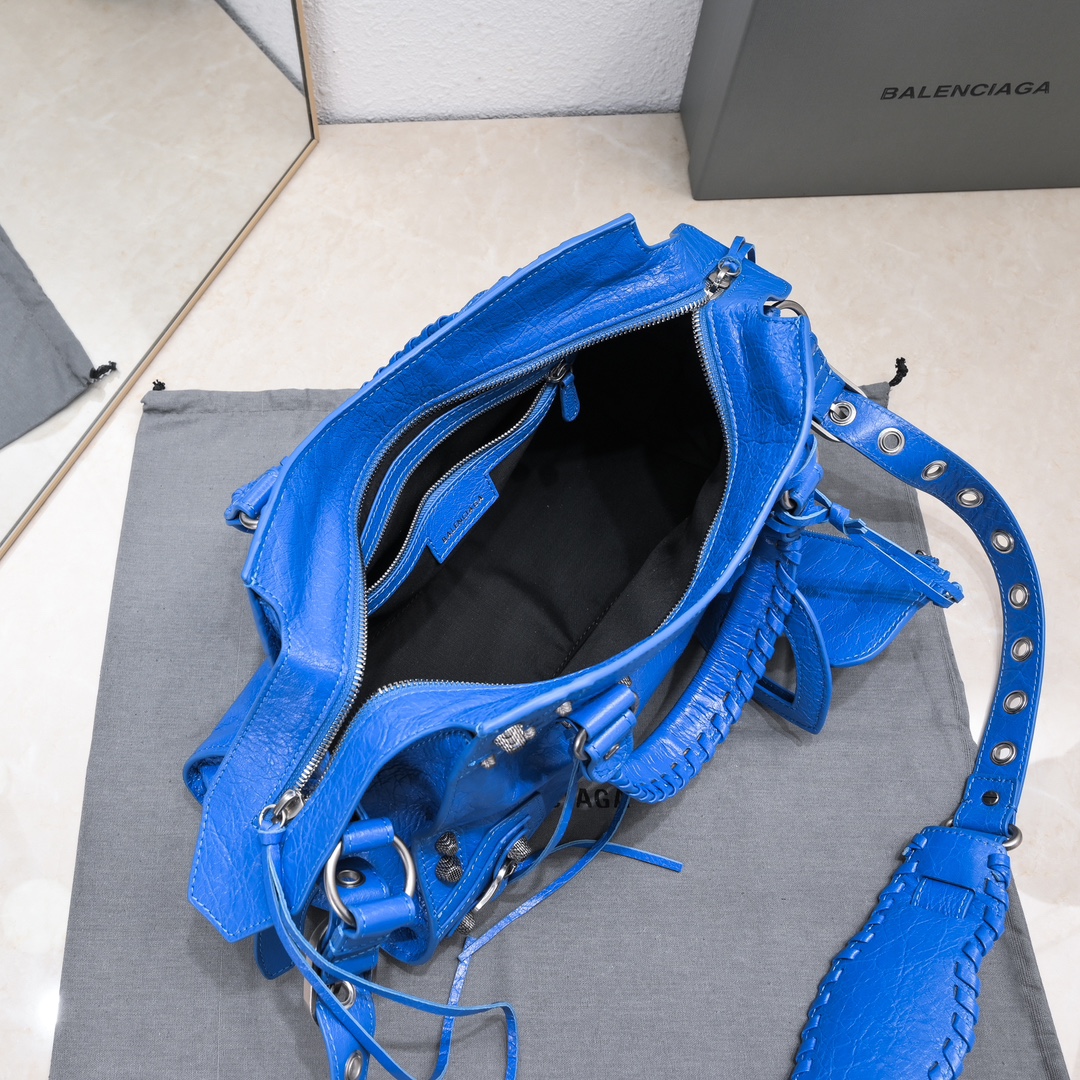 原單高仿BALENCIAGA巴黎世家 Neo Cagole 細紋牛皮革手提包 中號藍色