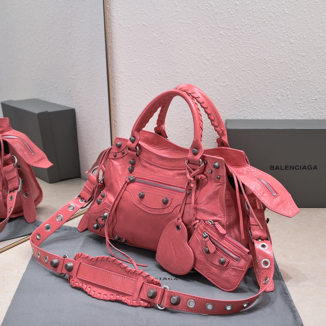 原單高仿BALENCIAGA巴黎世家 Neo Cagole 細紋牛皮革手提包 中號紅色