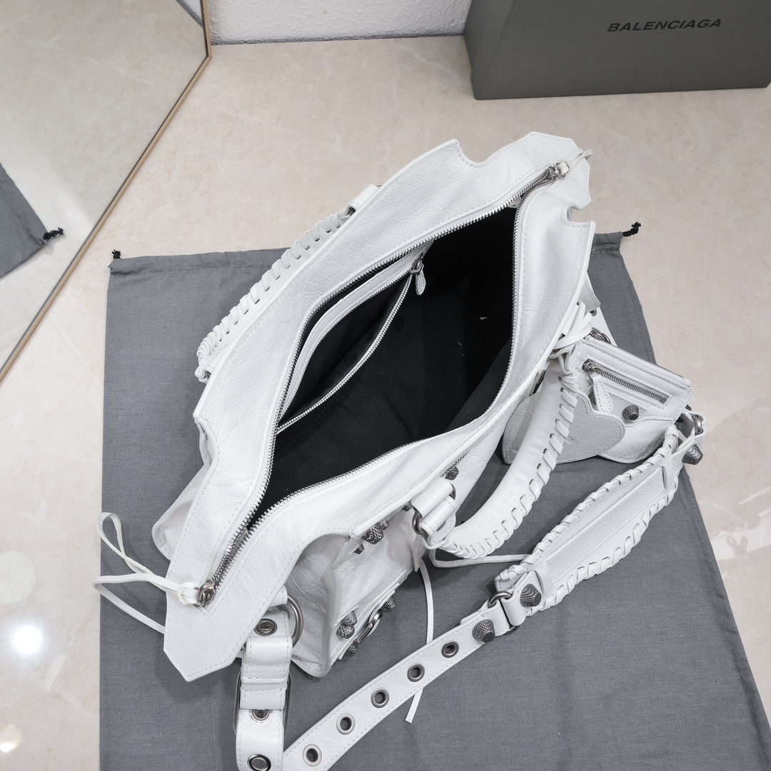 複刻高仿BALENCIAGA巴黎世家 Neo Cagole 細紋牛皮革手提包 中號白色