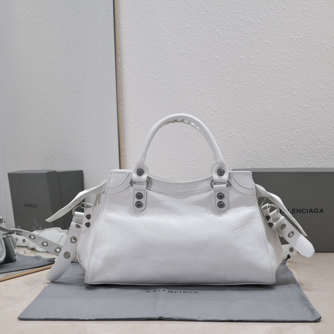 複刻高仿BALENCIAGA巴黎世家 Neo Cagole 細紋牛皮革手提包 中號白色