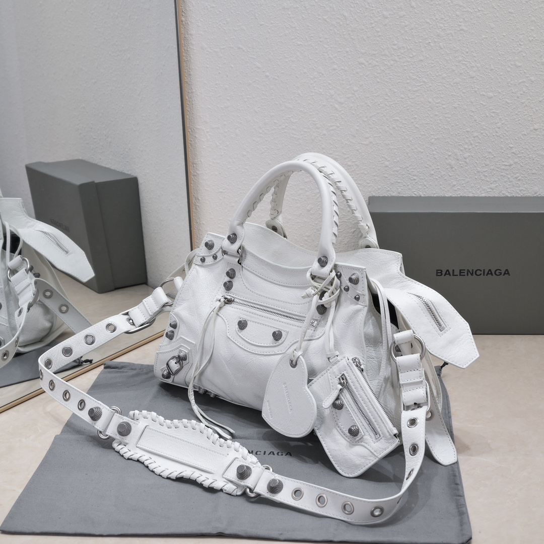 複刻高仿BALENCIAGA巴黎世家 Neo Cagole 細紋牛皮革手提包 中號白色