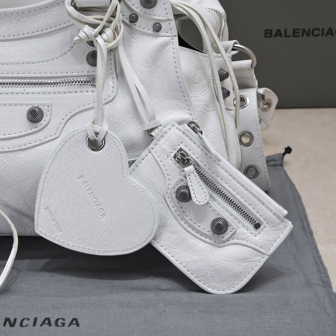 複刻高仿BALENCIAGA巴黎世家 Neo Cagole 細紋牛皮革手提包 中號白色
