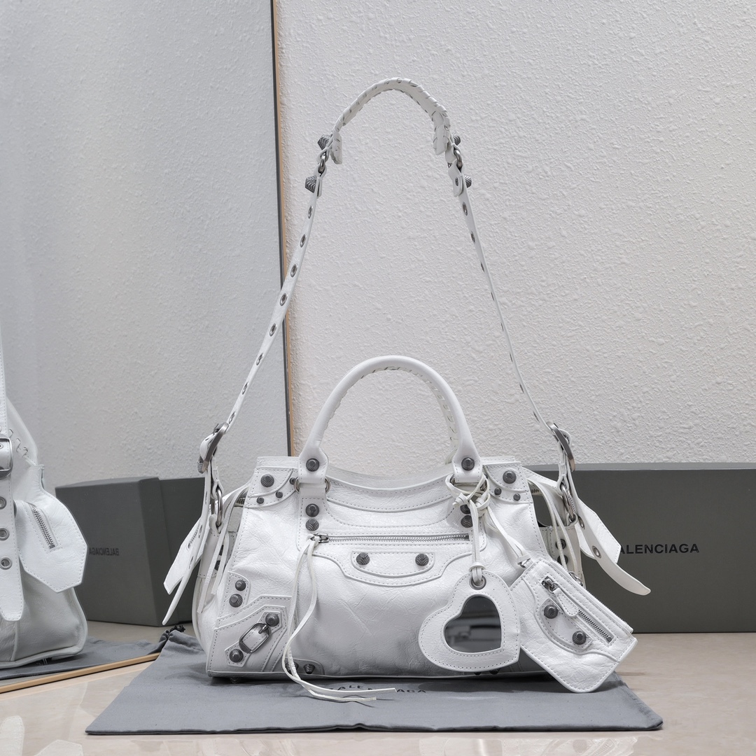 複刻高仿BALENCIAGA巴黎世家 Neo Cagole 細紋牛皮革手提包 中號白色