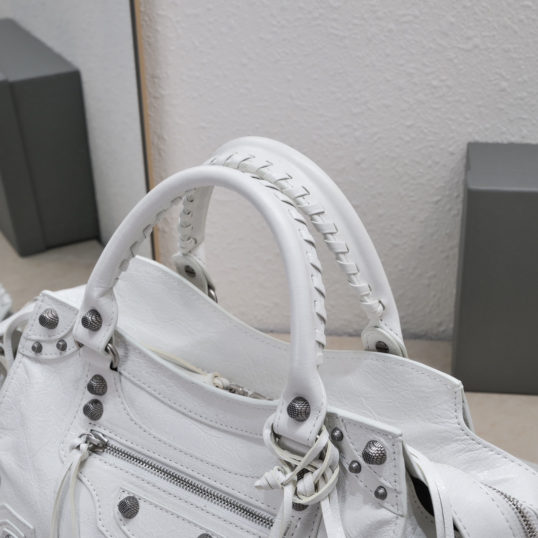 複刻高仿BALENCIAGA巴黎世家 Neo Cagole 細紋牛皮革手提包 中號白色
