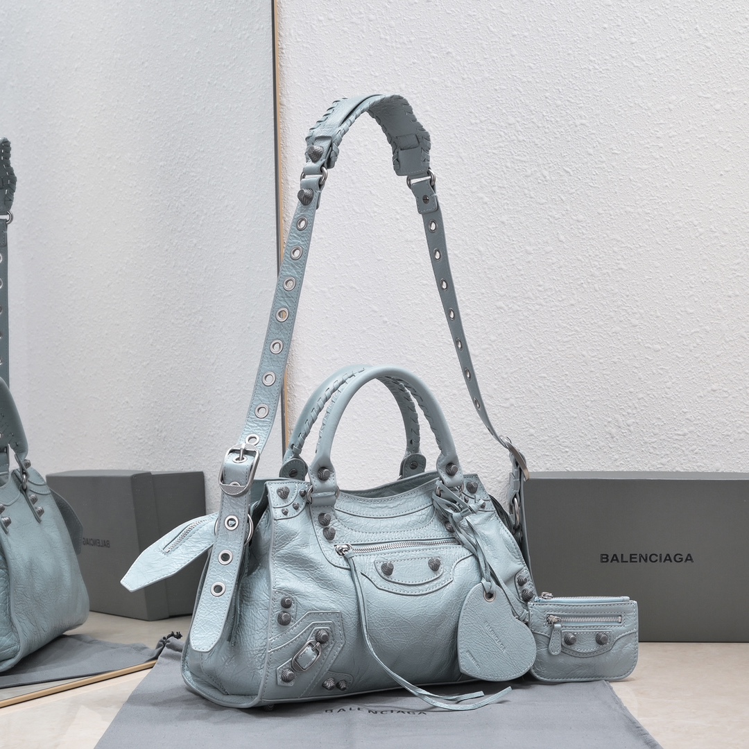 複刻高仿BALENCIAGA巴黎世家 Neo Cagole 細紋牛皮革手提包 中號淺藍