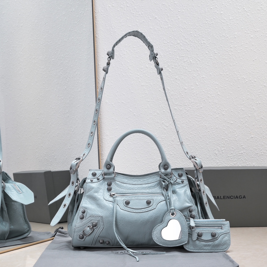 複刻高仿BALENCIAGA巴黎世家 Neo Cagole 細紋牛皮革手提包 中號淺藍