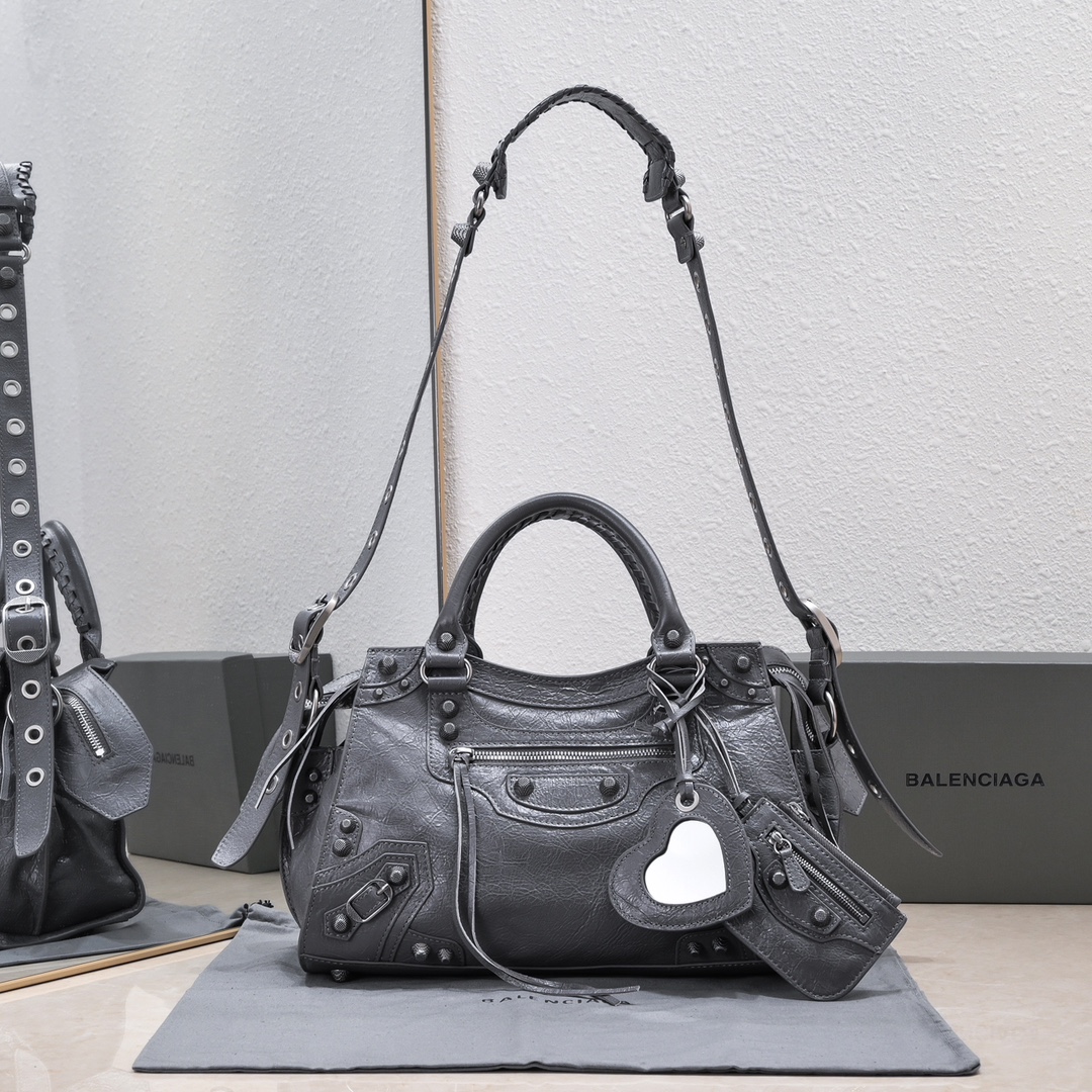 複刻高仿BALENCIAGA巴黎世家 Neo Cagole 細紋牛皮革手提包 中號灰色