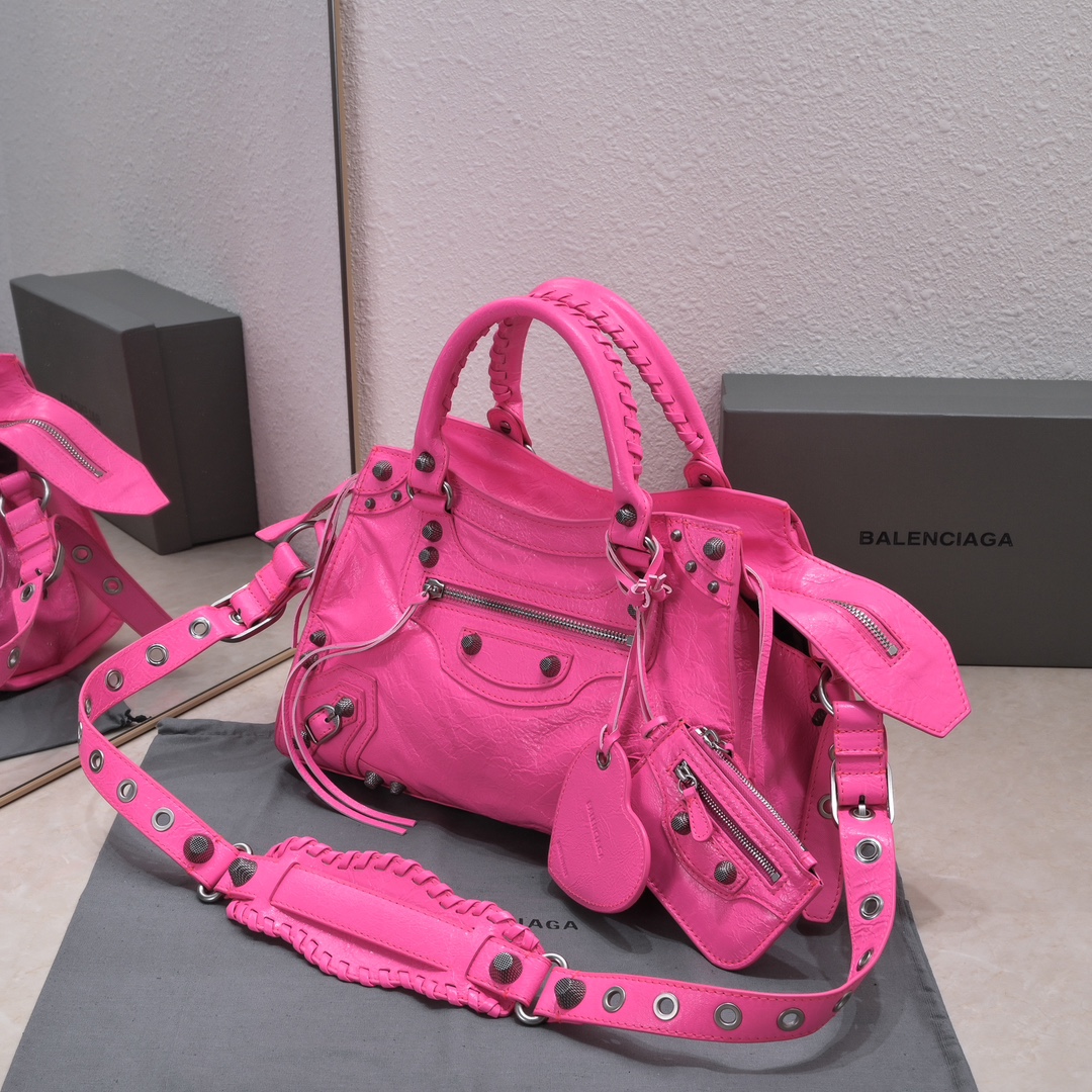 複刻高仿BALENCIAGA巴黎世家 Neo Cagole 細紋牛皮革手提包 中號粉紅