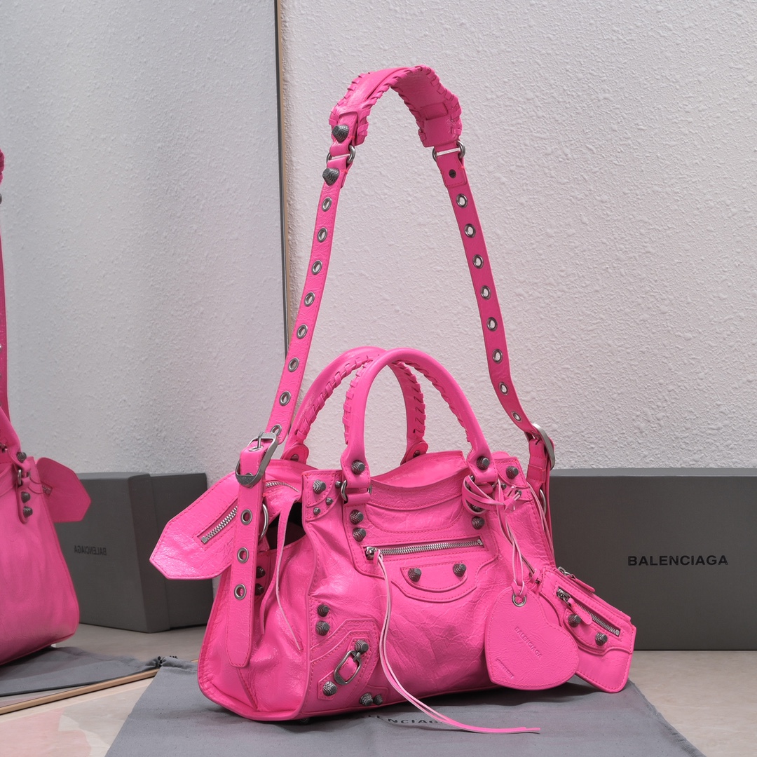 複刻高仿BALENCIAGA巴黎世家 Neo Cagole 細紋牛皮革手提包 中號粉紅