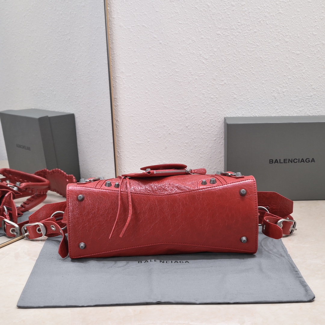 複刻高仿BALENCIAGA巴黎世家 Neo Cagole 細紋牛皮革手提包 中號酒紅