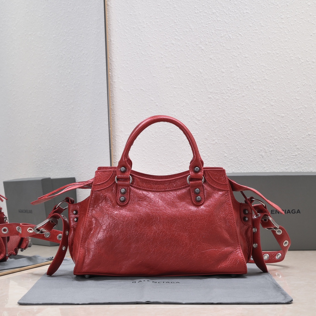 複刻高仿BALENCIAGA巴黎世家 Neo Cagole 細紋牛皮革手提包 中號酒紅