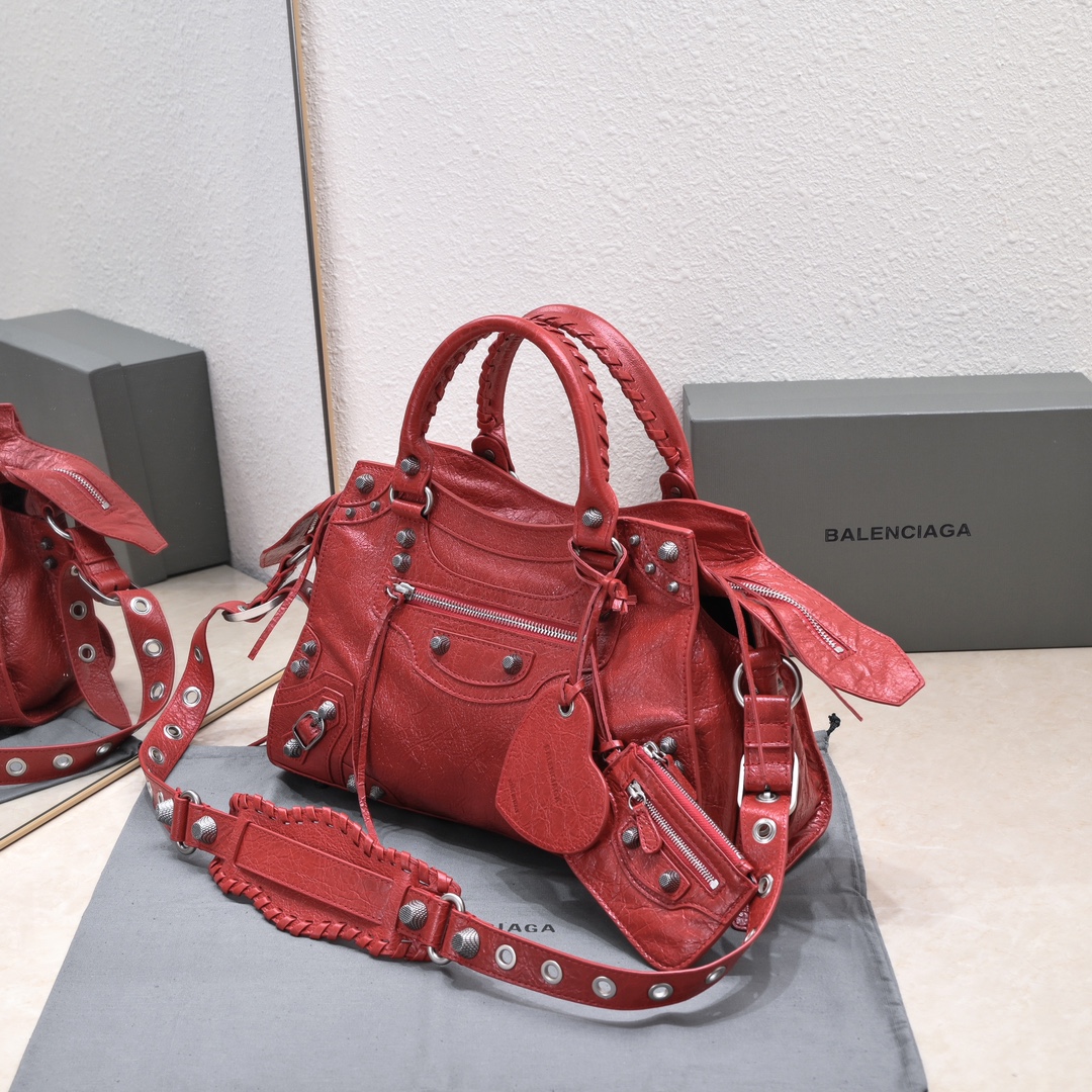 複刻高仿BALENCIAGA巴黎世家 Neo Cagole 細紋牛皮革手提包 中號酒紅