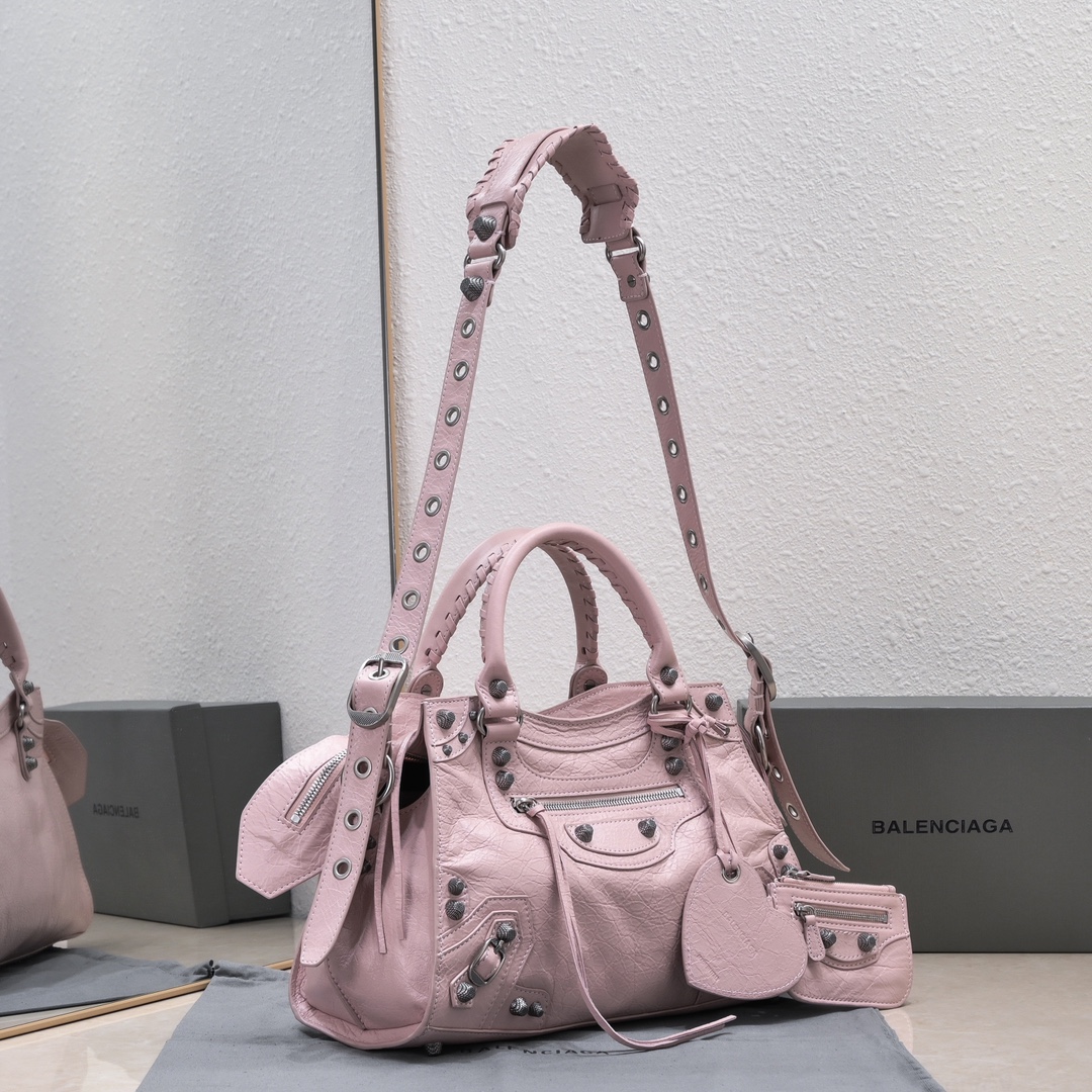 複刻高仿BALENCIAGA巴黎世家 Neo Cagole 細紋牛皮革手提包 中號淺紫