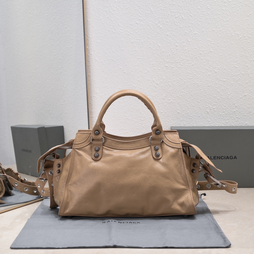 複刻高仿BALENCIAGA巴黎世家 Neo Cagole 細紋牛皮革手提包 中號棕色