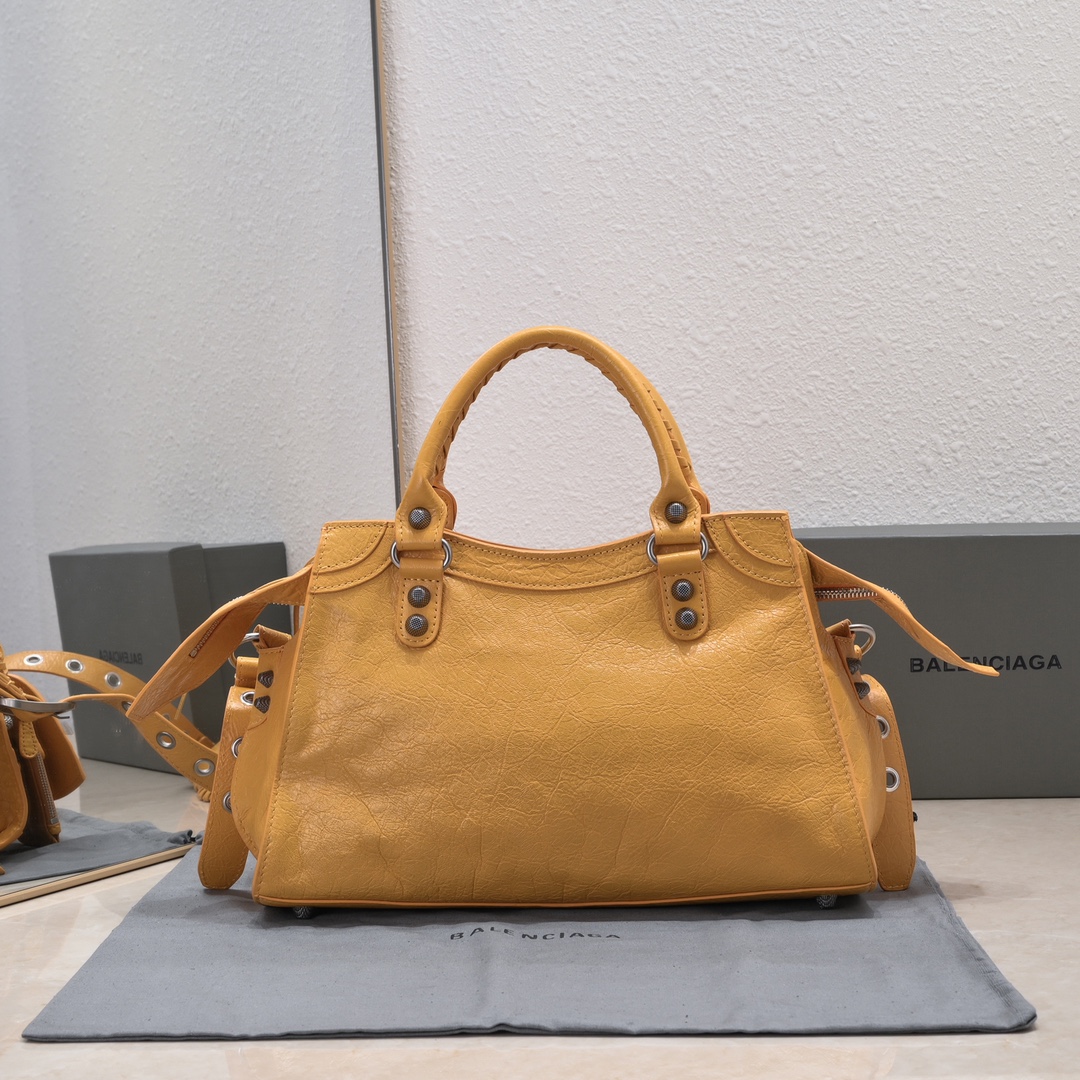 複刻高仿BALENCIAGA巴黎世家 Neo Cagole 細紋牛皮革手提包 中號橙色