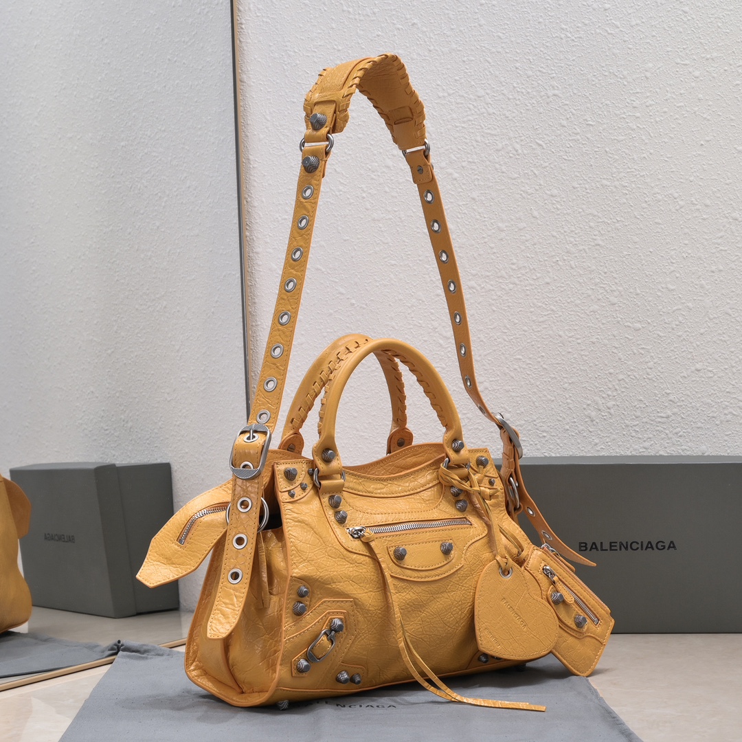 複刻高仿BALENCIAGA巴黎世家 Neo Cagole 細紋牛皮革手提包 中號橙色