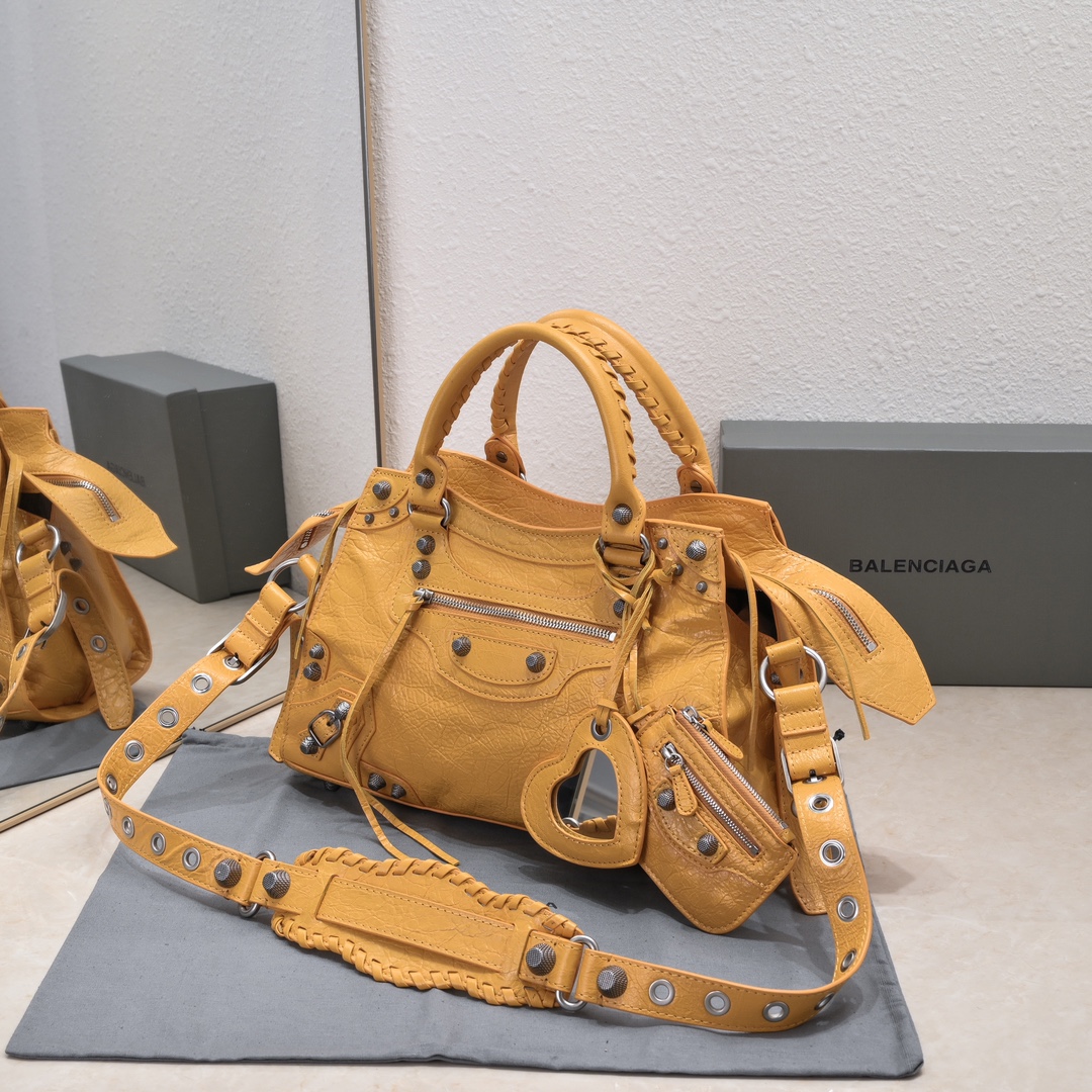 複刻高仿BALENCIAGA巴黎世家 Neo Cagole 細紋牛皮革手提包 中號橙色