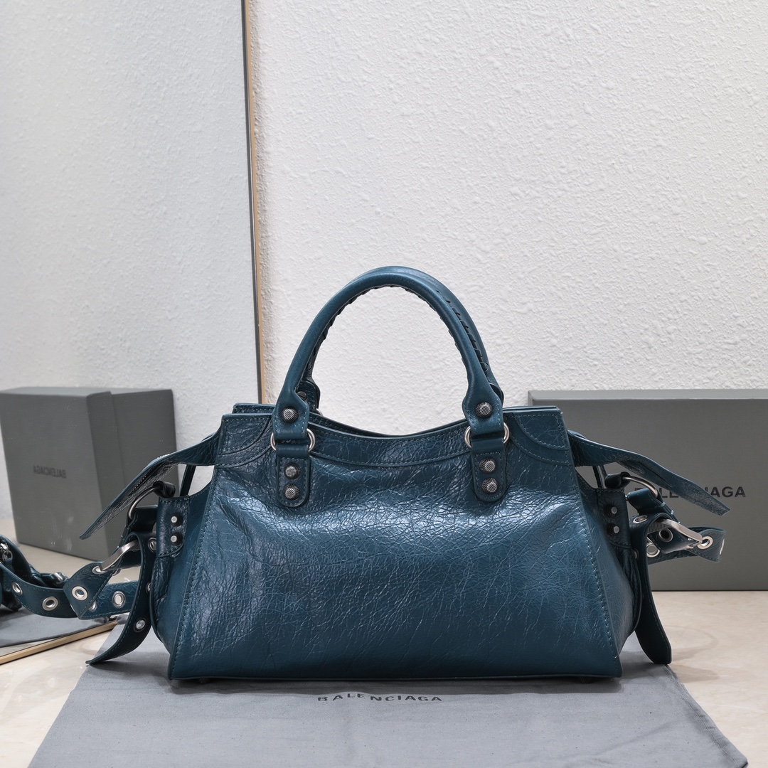 複刻高仿BALENCIAGA巴黎世家 Neo Cagole 細紋牛皮革手提包 中號深藍