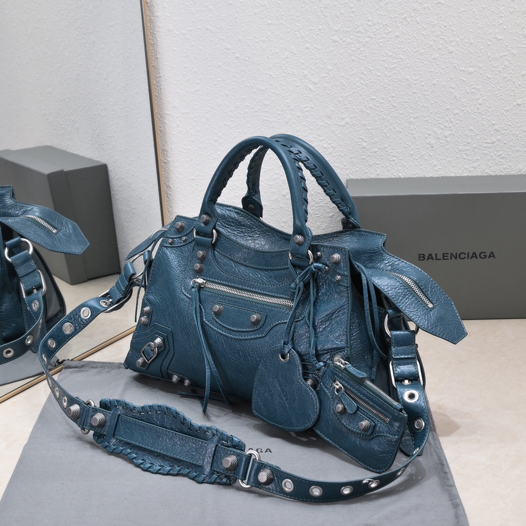 複刻高仿BALENCIAGA巴黎世家 Neo Cagole 細紋牛皮革手提包 中號深藍