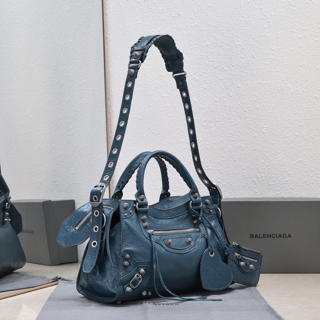 複刻高仿BALENCIAGA巴黎世家 Neo Cagole 細紋牛皮革手提包 中號深藍