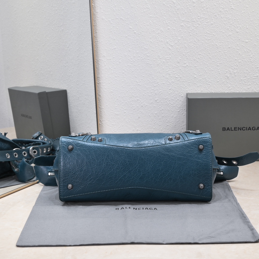 複刻高仿BALENCIAGA巴黎世家 Neo Cagole 細紋牛皮革手提包 中號深藍