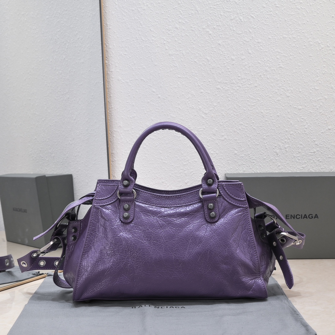 複刻高仿BALENCIAGA巴黎世家 Neo Cagole 細紋牛皮革手提包 中號紫色